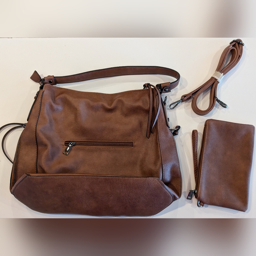 Three pieces - Realer brand brown large purse, small wristlet, and long strap